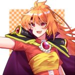  1girl :3 bangs black_cape black_headband cape chinese_commentary earrings fang headband hiiro_(user_nduv7232) jewelry lina_inverse long_hair looking_up open_mouth orange_hair pink_eyes red_shirt shirt single_earring slayers smile solo upper_body 