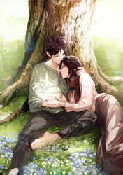  1boy 1girl barefoot black_hair black_pants blue_flower brown_skirt closed_eyes couple eren_yeager flower foot_out_of_frame grass grey_shirt hair_between_eyes hand_in_another&#039;s_hair highres holding_hands lace-up_top leaning_on_person long_skirt long_sleeves mikasa_ackerman outdoors pants pink_shirt red_scarf scarf shingeki_no_kyojin shirt short_hair sitting skirt smile spykeee tree twitter_username watermark white_flower 