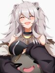  1girl absurdres ahoge animal_ears breasts closed_eyes ear_piercing fang fur-trimmed_jacket fur_trim fuse grey_hair highres hololive jacket large_breasts lion_ears long_hair piercing shirt shishiro_botan sleeveless sleeveless_shirt ssrb virtual_youtuber yamaki_(yamaki801) 