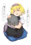 2girls alice_margatroid animal_ears blonde_hair blue_dress comforting commentary_request cookie_(touhou) dress gaburin grey_dress grey_hair hairband headpat highres holding hug ichigo_(cookie) mouse_ears mouse_tail multiple_girls nazrin nyon_(cookie) tail touhou translation_request 
