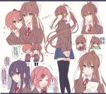  4girls arms_behind_back artist_name black_thighhighs blazer blue_eyes blue_skirt blush bow brown_hair brown_jacket chibi closed_eyes closed_mouth commentary_request doki_doki_literature_club green_eyes hair_bow highres jacket long_hair looking_at_viewer monika_(doki_doki_literature_club) multiple_girls multiple_views natsuki_(doki_doki_literature_club) neck_ribbon open_mouth over-kneehighs pink_eyes pink_hair ponytail purple_hair red_bow red_ribbon ribbon sayori_(doki_doki_literature_club) school_uniform shirt short_hair skirt smile standing thigh-highs translation_request twitter_username violet_eyes watermark white_bow white_shirt yakinikusakoku yuri_(doki_doki_literature_club) 