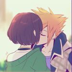  1boy 1girl altorav blurry blurry_background brown_hair closed_eyes facing_another green_jacket hetero highres jacket kiss misaki_shiki orange_hair outdoors sakuraba_neku spiky_hair spoilers subarashiki_kono_sekai upper_body 