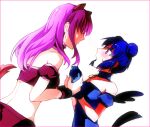  2girls backless_outfit bird_girl faceless faceless_female hair_bun holding_own_arm mew_mint mew_zakuro mizuno_(iori-amu) multiple_girls purple_hair shadow single_hair_bun white_background wolf_girl yuri 