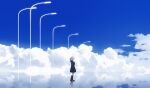  1girl absurdres bangs boots clouds day hands_on_own_chest highres laluna lamppost long_hair on_cloud original ponytail profile sky solo white_hair 