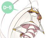  blue_pupils closed_mouth commentary_request eating eyelashes hand_on_hip holding looking_down pheromosa pokemon pokemon_(creature) simple_background solo speech_bubble ssalbulre violet_eyes white_background 