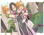 absurdres atorie blush cat_girl coat collar embarrassed fire_emblem fire_emblem:_radiant_dawn happy highres holding hug lethe lethe_(fire_emblem) lyre_(fire_emblem) non-web_source outdoors smile soren soren_(fire_emblem) tail