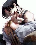  1boy artist_name bare_shoulders bishounen black_eyes black_hair black_nails chair chromatic_aberration finger_gun fingernails half-closed_eyes highres inkspirate male_focus neck_tattoo open_mouth pointing pointing_at_viewer sano_manjirou simple_background smile solo tattoo teeth tokyo_revengers tongue upper_teeth watch watch white_background 