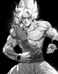  1boy biceps bow_(bhp) closed_mouth cowboy_shot dragon_ball fighting_stance green_eyes looking_at_viewer male_focus muscular muscular_male pants pectorals shirt smile solo son_goku spot_color super_saiyan torn_clothes torn_shirt wristband 