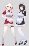  2girls 9mml_m alternate_costume apron black_bow black_bowtie black_footwear black_hair blonde_hair bow bowtie enmaided full_body grey_background hair_ribbon hand_on_hip highres inoue_takina long_hair looking_at_another lycoris_recoil maid maid_apron maid_headdress mary_janes multiple_girls nishikigi_chisato puffy_short_sleeves puffy_sleeves red_bow red_bowtie red_eyes red_footwear red_ribbon ribbon shoes short_hair short_sleeves simple_background smile thigh-highs violet_eyes white_thighhighs 