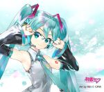  1girl adjusting_eyewear aqua-framed_eyewear aqua_background aqua_eyes aqua_hair aqua_necktie armpits bare_shoulders bespectacled black_sleeves character_name commentary crypton_future_media detached_sleeves glasses grey_shirt hair_ornament hand_on_eyewear hands_up hatsune_miku headphones headset kei_(keigarou) long_hair looking_at_viewer necktie official_art second-party_source semi-rimless_eyewear shirt shoulder_tattoo sleeveless sleeveless_shirt smile solo tattoo twintails upper_body very_long_hair vocaloid 