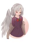  1girl absurdres angel_wings bow bowtie braid cowboy_shot cropped_legs dress feathered_wings highres jacket kishin_sagume looking_down lucky_chicken open_clothes open_jacket purple_dress removing_jacket simple_background single_wing touhou white_background white_wings wings 