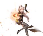  1girl arm_tattoo bird blonde_hair closed_mouth dual_wielding expressionless gun holding long_hair looking_at_viewer official_art ponytail samir_(tower_of_fantasy) short_sleeves solo tattoo thigh-highs tower_of_fantasy weapon yellow_eyes 