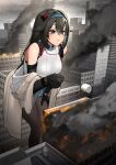  1girl absurdres bangs black_gloves black_hair blue_eyes blue_hairband blush breasts burning city day english_commentary feet_out_of_frame fire food giant giantess girls_frontline gloves hairband hanabusaraleigh headband highres jacket large_breasts long_hair looking_at_food mod3_(girls&#039;_frontline) mole mole_under_eye off_shoulder outdoors pantyhose skirt smile solo super_sass_(girls&#039;_frontline) third-party_source tofu 