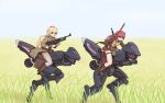  2girls alternate_costume awsaedmd blonde_hair breasts brown_footwear clear_sky closed_mouth double_bun dragoon_(girls&#039;_frontline) english_commentary girls_frontline grass green_eyes gun hair_bun highres holding holding_sword holding_weapon large_breasts long_hair long_sleeves looking_ahead m1918_(girls&#039;_frontline) m1918_bar machine_gun multiple_girls open_mouth outdoors pink_hair pleated_skirt riding riding_machine rifle robot skirt sky sword weapon wz.29 wz.29_(girls&#039;_frontline) 