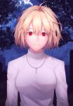  1girl antenna_hair arcueid_brunestud bangs blonde_hair closed_mouth clouds commentary_request dorothy_xi evil_smile hair_between_eyes highres jewelry looking_at_viewer moon necklace night night_sky outdoors red_eyes short_hair single_hair_intake sky slit_pupils smile solo sweater tree tsukihime tsukihime_(remake) turtleneck turtleneck_sweater upper_body white_sweater 
