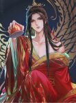  1boy aubergrin bangs bare_shoulders black_hair chinese_clothes cup dress holding holding_cup long_hair male_focus open_clothes parted_bangs red_dress ren_zhafan_paijizu_xitong scar scar_on_arm shen_qingqiu solo 