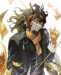  1boy arknights black_hair chinese_clothes cigarette fins gloves hagrang highres horns jewelry kanji koi lee_(arknights) long_hair male_focus necklace scarf simple_background solo white_background yellow_gloves 
