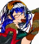  character_name chocolate close-up dark_blue_hair earrings framed glasses granblue_fantasy hair_ornament heart heart_in_mouth illnott jewelry necklace one_eye_closed paint paint_gun painting_(action) saya_atena smile upper_body valentine white_background 