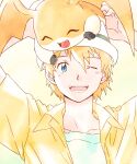  1boy :d arms_up bangs blue_eyes brown_hair collarbone digimon digimon_(creature) digimon_adventure_02 digimon_on_head gdn0522 highres looking_at_viewer one_eye_closed open_clothes open_mouth open_shirt orange_shirt patamon shiny shiny_hair shirt short_hair smile solo takaishi_takeru teeth tongue 