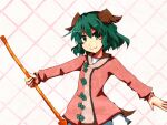  1girl animal_ears bamboo_broom bangs broom brown_dress closed_mouth dog_ears dress green_eyes green_hair holding holding_broom kasodani_kyouko long_sleeves looking_at_viewer short_hair smile solo taniya_raku touhou upper_body white_background 