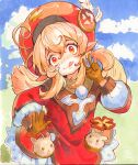  1girl ahoge beret blonde_hair brown_gloves clouds dress english_commentary genshin_impact gloves hat hat_feather head_tilt klee_(genshin_impact) long_hair looking_at_viewer mixed-language_commentary open_hand orange_eyes philiera pointy_ears red_dress red_headwear russian_commentary sky smile solo tongue tongue_out twintails v 