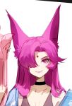  1girl animal_ears asami_okutoshioku bangs bare_shoulders black_choker choker closed_mouth collarbone grey_background hair_over_one_eye league_of_legends long_hair pink_eyes pink_hair portrait simple_background solo star_guardian_xayah star_tattoo tattoo xayah 