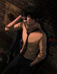  1boy against_wall black_eyes black_hair black_pants closed_mouth collared_shirt cowboy_bebop dlwhdals901 hand_in_pocket highres holding holding_clothes holding_jacket jacket long_sleeves male_focus pants shiny shiny_hair shirt short_hair smoke smoking solo spike_spiegel standing white_shirt 