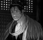  1boy beard closed_mouth facial_hair greyscale highres indoors looking_at_viewer male_focus monochrome ponytail sekiro sekiro:_shadows_die_twice short_hair solo ssanghwa_tang1 upper_body 