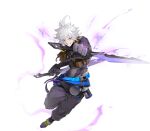  1boy crow_(tower_of_fantasy) dual_wielding electricity gloves holding holding_sword holding_weapon long_sleeves looking_at_viewer official_art open_mouth short_hair smile solo sword teeth tower_of_fantasy weapon white_hair yellow_eyes 