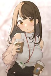  1girl :o bangs black_skirt blush breasts brown_hair cherry_blossoms coffee_cup cup disposable_cup earrings highres id_card jewelry lanyard looking_at_viewer medium_breasts medium_hair office_lady ol-chan_(ol_mahonanoka) ol_mahonanoka original shirt skirt sleeveless spring_(season) sweater turtleneck turtleneck_sweater white_shirt white_sweater yellow_eyes 