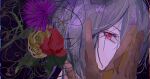  1boy absurdres covering_mouth facing_to_the_side flower gloves grey_hair hair_flower hair_ornament highres looking_at_viewer mahoutsukai_no_yakusoku male_focus owen_(mahoutsukai_no_yakusoku) purple_background purple_flower red_eyes red_flower short_hair solo watahoshi yellow_flower 