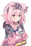  1girl animal_ears arknights bangs black_hairband black_jacket blue_bow blush bow braid cat_ears closed_mouth commentary_request goldenglow_(arknights) hair_between_eyes hair_bow hair_over_shoulder hairband jacket lightning_bolt_print long_hair long_sleeves looking_away looking_down pink_hair pink_jacket print_hairband puffy_long_sleeves puffy_sleeves shirt simple_background single_braid solo tears upper_body white_background white_shirt yellow_eyes yuhiko_(unayuhi) 