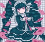  1girl bangs black_hair black_jacket black_nails blunt_bangs celestia_ludenberg center_frills cowboy_shot danganronpa:_trigger_happy_havoc danganronpa_(series) drill_hair earrings frilled_jacket frilled_shirt frilled_skirt frills grey_background headdress highres interlocked_fingers jacket jewelry layered_skirt long_hair long_sleeves nail_polish own_hands_together pisapipi shirt skirt smile solo twin_drills twintails white_shirt 