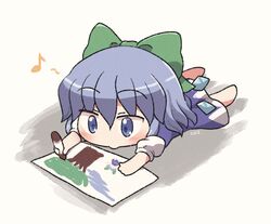  1girl barefoot blue_dress blue_eyes blue_hair blush bow cirno crayon detached_wings dress eighth_note fairy green_bow hair_between_eyes hair_bow holding holding_crayon ice ice_wings musical_note puffy_short_sleeves puffy_sleeves rokugou_daisuke shirt short_hair short_sleeves signature solo touhou white_shirt wings 