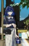  1girl bag blue_eyes blue_hair casual chanel earrings hair_intakes handbag highres hololive hololive_english jewelry k00s medium_hair ouro_kronii skirt solo storefront virtual_youtuber watch watch 