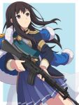  1girl absurdres assault_rifle black_hair black_jacket blue_coat blue_skirt closed_mouth coat coat_on_shoulders cowboy_shot gun highres holding holding_gun holding_weapon howa_type_89 inoue_takina jacket kuromahikaren long_hair long_sleeves looking_afar lycoris_recoil pleated_skirt rifle shoujo_kageki_revue_starlight shoujo_kageki_revue_starlight_-re_live- skirt solo violet_eyes weapon weapon_request 