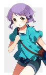  1girl bag bangs blue_bag blue_shirt blue_shorts blush collarbone commentary dot_nose flat_chest floral_print green_shirt grey_background highres idolmaster idolmaster_million_live! looking_at_viewer makabe_mizuki open_mouth purple_hair shirt short_hair short_sleeves shorts shoulder_bag sidelocks solo symbol-only_commentary thighs toro_(shiro) wavy_hair yellow_eyes 