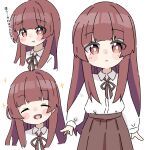  1girl :d :o :t ^_^ bangs blush_stickers brown_eyes brown_hair brown_ribbon brown_skirt closed_eyes closed_mouth collared_shirt commentary_request dress_shirt facing_viewer highres kapuru_0410 kumichou_musume_to_sewagakari long_hair long_sleeves looking_at_viewer multiple_views neck_ribbon parted_lips pleated_skirt pout puffy_long_sleeves puffy_sleeves ribbon sakuragi_yaeka shirt simple_background skirt sleeves_past_wrists smile translation_request very_long_hair white_background white_shirt 