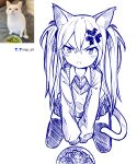  1girl absurdres anger_vein angry animal_ears artist_logo artist_name bangs blush bowl cat_ears cat_girl cat_tail collared_shirt commentary dot_nose food frown hair_between_eyes highres kneeling long_hair looking_at_viewer nisp_art original pen_(medium) pleated_skirt reference_inset russian_commentary shirt skirt sleeves_past_fingers sleeves_past_wrists solo sweater tail two_side_up v-shaped_eyebrows 