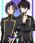  2boys ashford_academy_uniform bangs belt black_belt black_hair black_jacket blue_eyes code_geass code_geass:_lost_stories highres holding jacket lelouch_lamperouge looking_at_viewer male_focus mario_disel multiple_boys origami paper_crane parted_bangs parted_lips shigenomiya smile upper_body v-shaped_eyebrows violet_eyes 