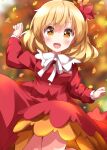  1girl aki_shizuha autumn_leaves blonde_hair blush buttons cowboy_shot hair_between_eyes hair_ornament highres leaf leaf_hair_ornament long_sleeves maple_leaf open_mouth red_shirt red_skirt ruu_(tksymkw) shirt short_hair skirt smile solo touhou yellow_eyes 