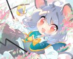  1girl :d ahoge animal_ears bangs basket blush bow bowtie capelet cheese commentary dowsing_rod food green_capelet grey_hair grey_skirt grey_vest highres holding long_sleeves looking_at_viewer medium_hair mikako_chan3 mouse mouse_ears mouse_girl mouse_tail nazrin open_mouth red_eyes shirt skirt smile solo tail touhou vest white_shirt yellow_bow yellow_bowtie 