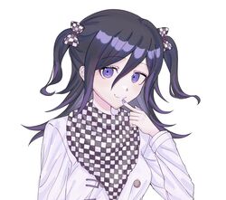  1girl bangs black_hair bow breasts checkered_bow checkered_clothes checkered_scarf danganronpa_(series) danganronpa_v3:_killing_harmony emuemu310 genderswap genderswap_(mtf) grey_background hair_between_eyes hair_bow hand_up highres jacket long_hair long_sleeves looking_at_viewer medium_breasts multicolored_hair nail_polish ouma_kokichi pink_nails purple_hair scarf shiny shiny_hair simple_background smile solo two-tone_hair violet_eyes white_jacket 