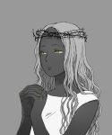  1girl bangs crown_of_thorns dark-skinned_female dark_skin long_hair looking_afar monochrome nail_polish original own_hands_clasped own_hands_together parted_bangs praying shokugyo solo spot_color thorns upper_body wavy_hair yellow_eyes yellow_nails 