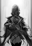  1girl a9712mob arknights ascot bangs cape commentary cropped_legs gladiia_(arknights) gloves greyscale hair_over_one_eye hat headwear_removed high_collar holding holding_clothes holding_hat looking_at_viewer monochrome one_eye_covered pointy_ears sketch smile solo thigh-highs upper_body 
