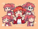  1girl :d :t @_@ absurdres bangs blunt_bangs blush_stickers clenched_teeth closed_eyes copyright_request eating hands_up highres jacket long_sleeves orange_background ponytail rariatto_(ganguri) red_jacket redhead shirt simple_background smile squiggle teeth white_shirt 