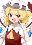  1girl ascot blonde_hair crystal fang flandre_scarlet flat_chest frilled_shirt_collar frills hat heart highres index_finger_raised light_blush looking_at_viewer machimo mob_cap one_side_up open_mouth puffy_short_sleeves puffy_sleeves red_eyes red_vest short_sleeves simple_background skin_fang solo touhou upper_body vest white_background white_headwear wings yellow_ascot 