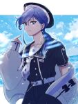 1boy anchor_symbol bird black_headwear black_shirt black_shorts blue_hair blue_sky braid braided_bangs buttons clouds cowboy_shot double-breasted earrings gummy_bear hair_over_shoulder hat highres holostars jacket jewelry lapel_pin letterboxed long_hair looking_at_viewer low_ponytail male_focus minase_rio multicolored_hair name_tag neckerchief necklace ocean off_shoulder official_alternate_costume outside_border pointing pointing_at_self purple_belt purple_hair sailor_collar sailor_hat sailor_shirt sasago335 shirt shorts sky sleeves_past_wrists smile solo streaked_hair stud_earrings sweater_jacket violet_eyes virtual_youtuber white_jacket white_neckerchief 