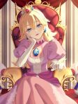  1girl absurdres blonde_hair blue_eyes crown dress earrings elbow_gloves gloves hair_between_eyes hand_on_own_head head_rest highres jewelry lipgloss lipstick long_hair looking_at_viewer makeup nagi-negitoro pink_dress pink_lips princess_peach sitting solo super_mario_bros. toad_(mario) white_gloves 