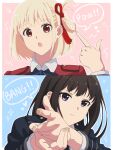  2girls :o absurdres bangs black_hair blonde_hair blue_background finger_gun hair_ribbon head_tilt highres inoue_takina kuromahikaren long_hair looking_at_viewer looking_to_the_side lycoris_recoil lycoris_uniform multiple_girls nishikigi_chisato open_mouth pink_background pointing pointing_up red_eyes red_ribbon ribbon school_uniform short_hair speech_bubble violet_eyes 